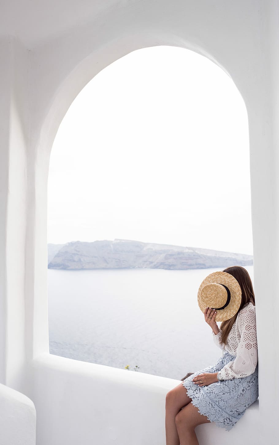 person holding hat sitting on edge, woman sitting on window, view HD wallpaper