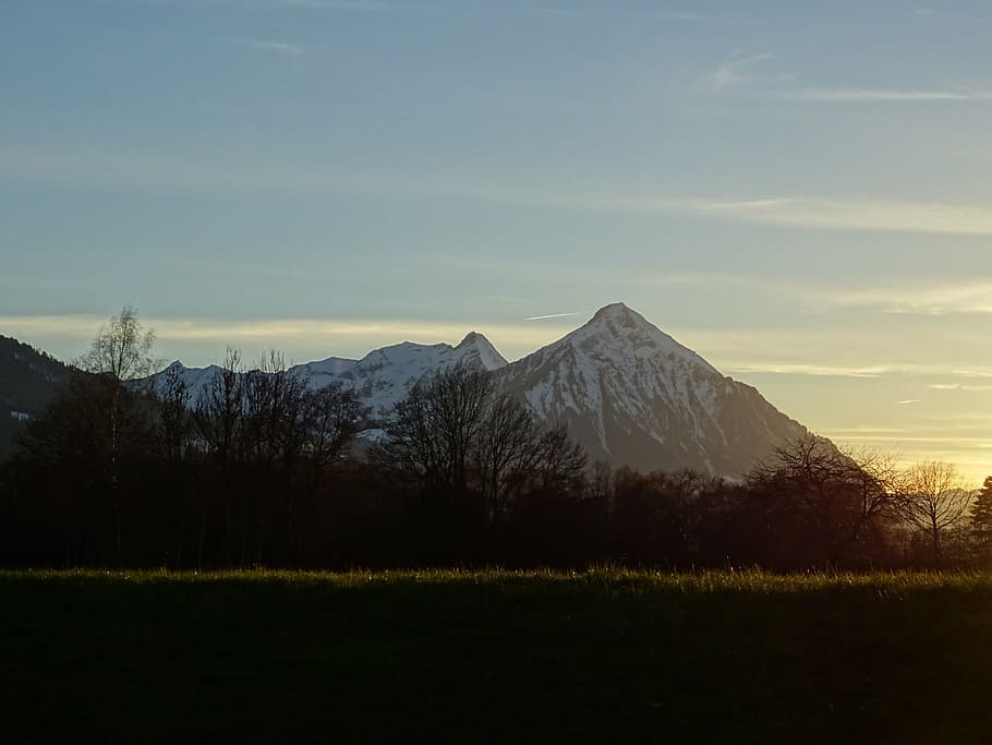 alpine, mountain, mountains, sunset, mood, snow, mountain landscape HD wallpaper