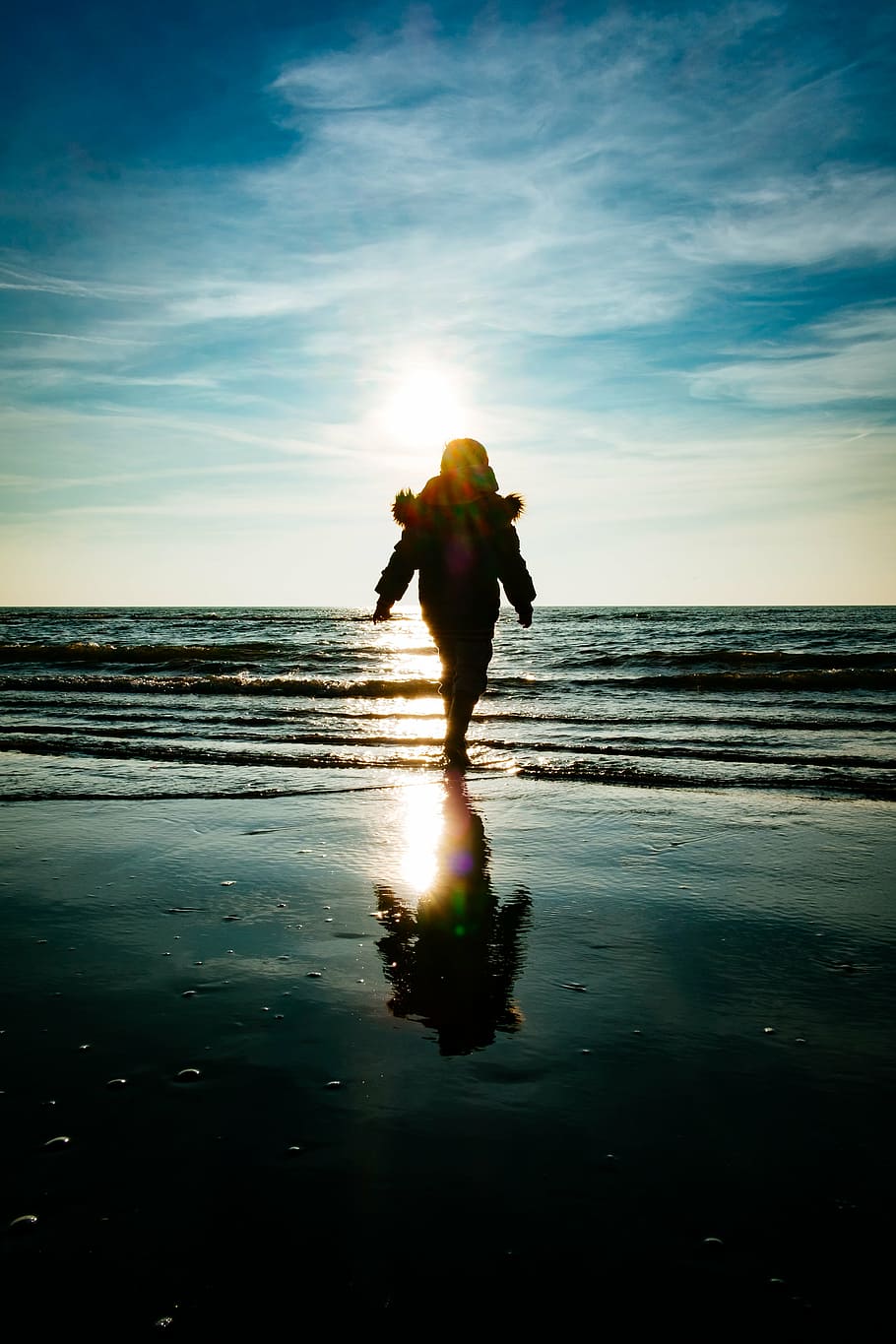 beach, child, clouds, kid, oceanshore, reflection, sea, seashore HD wallpaper
