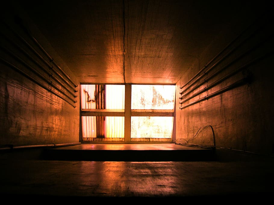 Elevator Shaft, Light Rays, industrial art, indoors, window, dark