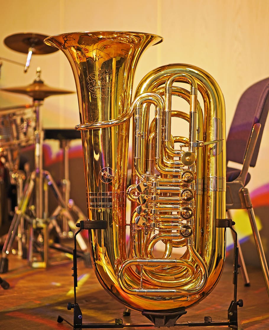 closeup photo of brass-colored tuba instrument, drums, jazz, session, HD wallpaper