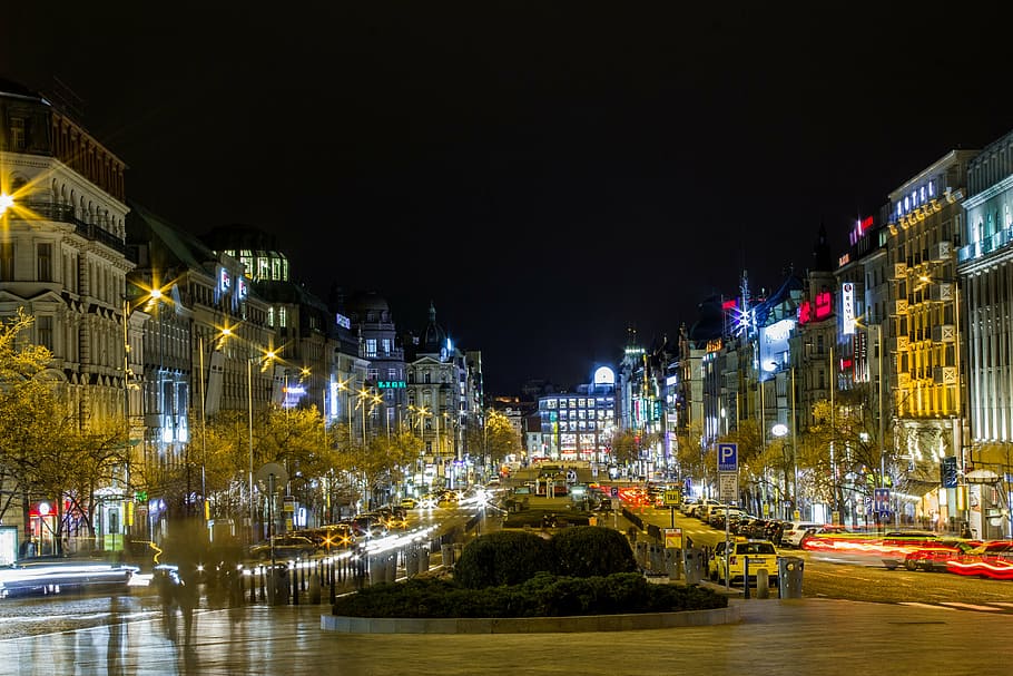 low-angle photography of cityscape, prague, wenceslas, square HD wallpaper