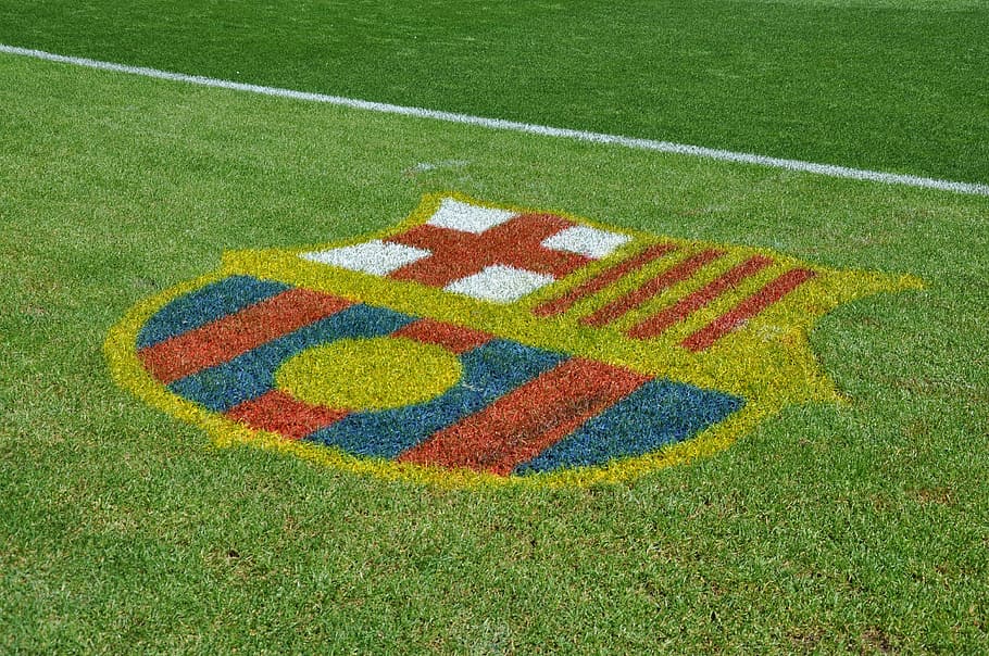 HD wallpaper: FC Barcelona logo, football, grass, line, multi colored, high angle view - Wallpaper Flare