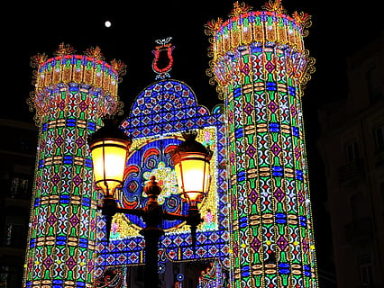 fallas, valencia, valence, light, region of valencia, calles iluminadas HD wallpaper