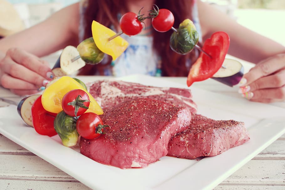 fried steak on white ceramic plate, food, women, freshness, meat HD wallpaper