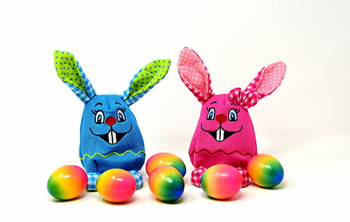 minimalist photography of two blue and pink Easter bunny toys HD wallpaper