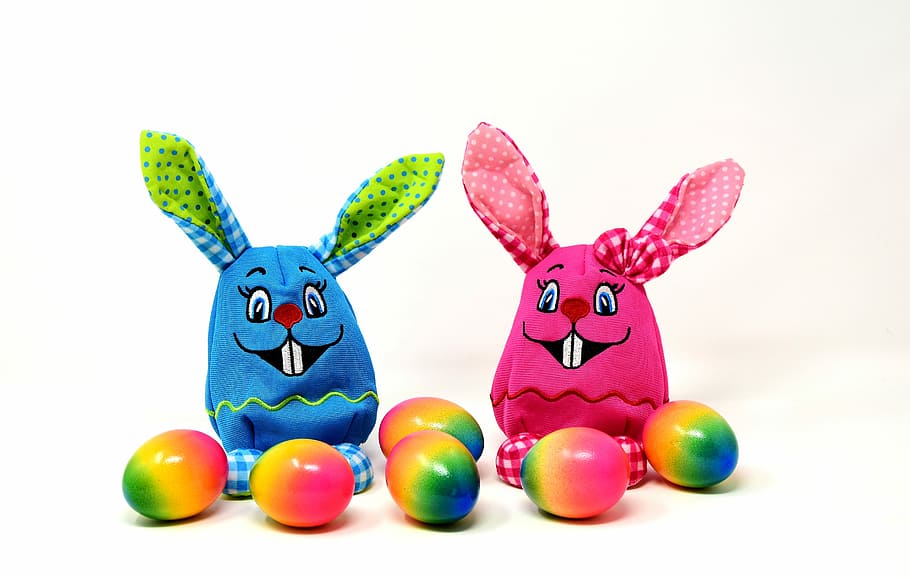 minimalist photography of two blue and pink Easter bunny toys HD wallpaper
