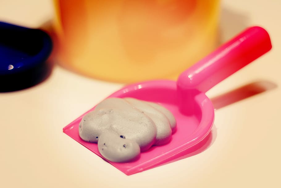 gray fluffy slime on pink dust pan, plastic, food and drink, close-up HD wallpaper