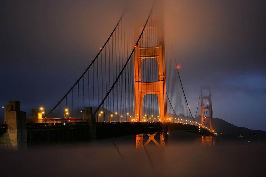brown bridge with lights during nighttime, photo of suspension bridge HD wallpaper