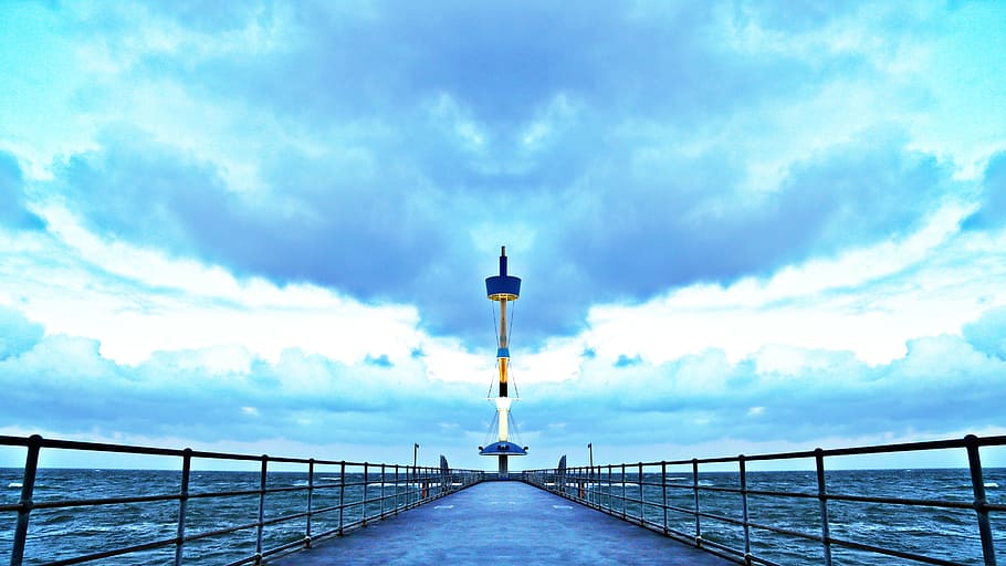 pier, dock, ocean, sea, water, blue, sky, railing, direction HD wallpaper