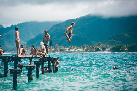 man jumping unto body of water, beach, fun, landscape, leisure HD wallpaper
