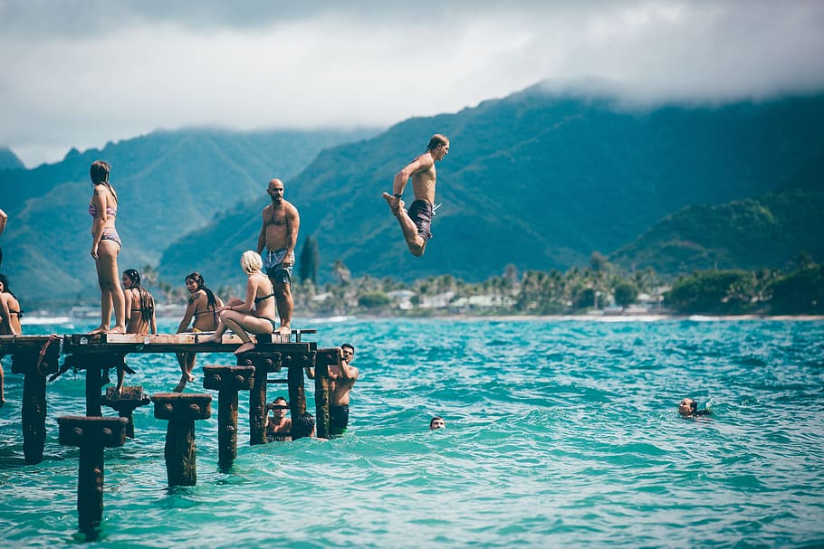 man jumping unto body of water, beach, fun, landscape, leisure HD wallpaper
