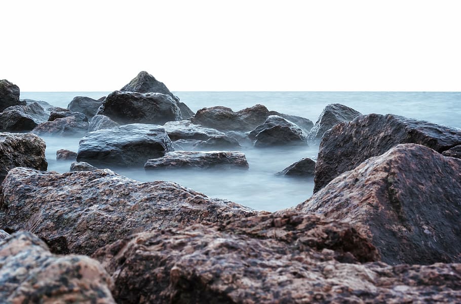 fog, granite, gulf, rocks, sea, steam, stones, water, sky, rock - object HD wallpaper