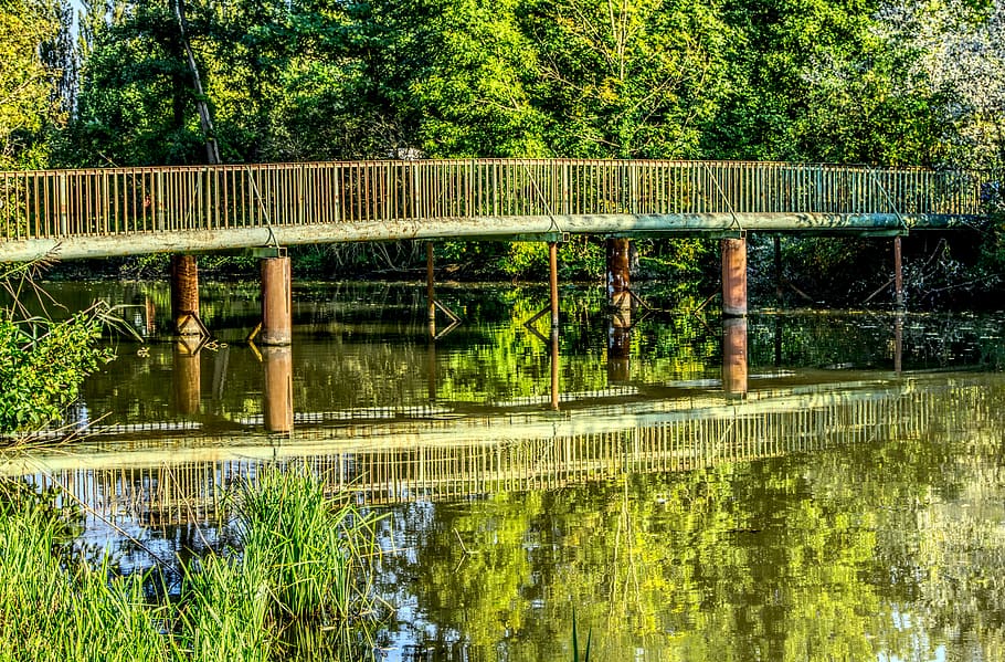 bridge, water, mirroring, reflection, river, landscape, nature HD wallpaper