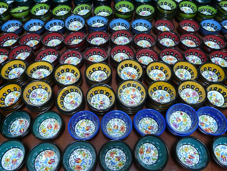 Colorful, Pottery, nuancerich, shells, blue, ceramic, bowl, HD wallpaper