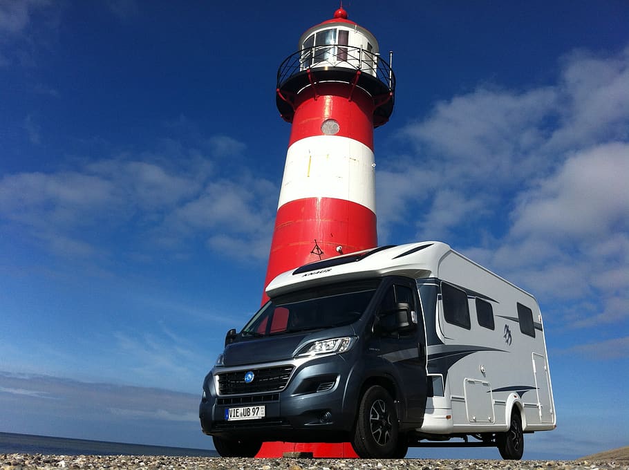 mobile home, lighthouse, blue sky, sea, clouds, north sea, coast, HD wallpaper