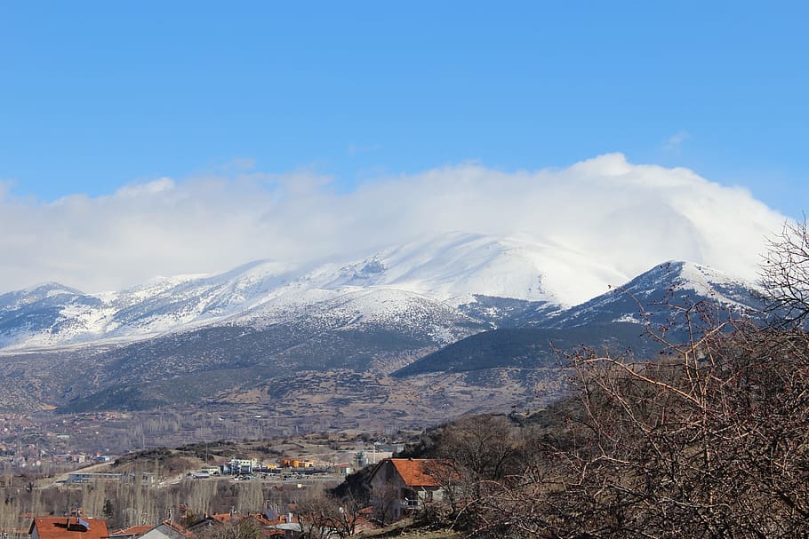 town, winter, ayaz, cold, dry tree, mountain, snow, cold temperature HD wallpaper