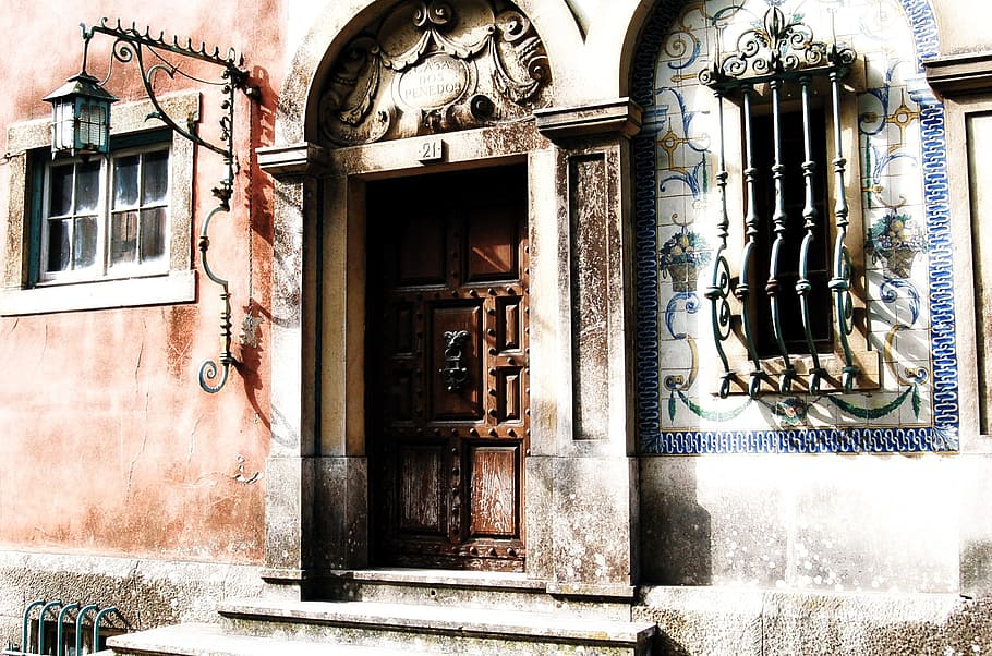 brown closed panel door, input, old, portal, bars, architecture HD wallpaper