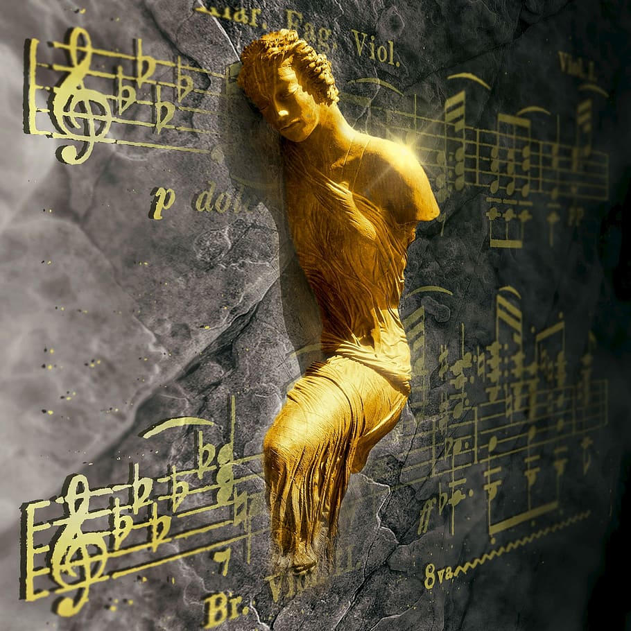 gold-colored 3D sculpture board, cd cover, music, figure, statue, HD wallpaper