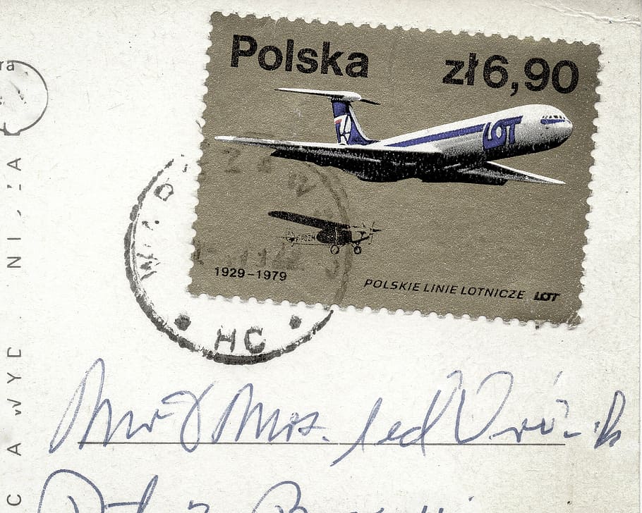 1929-1979 Polska postage stamp, postcard, postmark, ink, envelope
