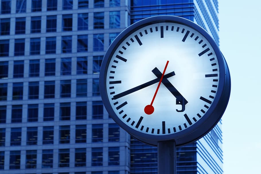black analog clock, architecture, banking, blue, building, business HD wallpaper