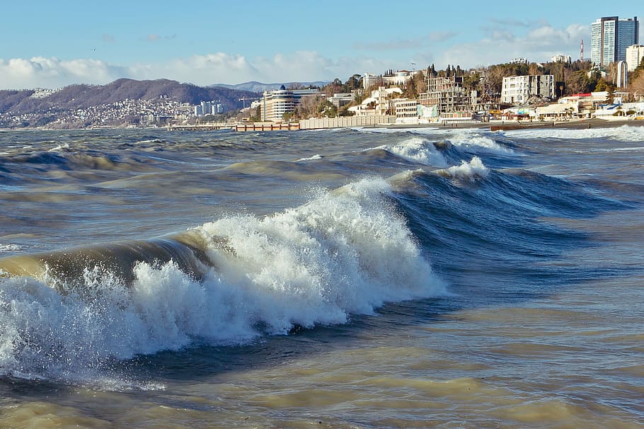 sea waves, Sochi, Black Sea, storm, beach, water, coastline HD wallpaper