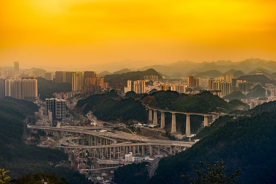 a bird's eye view, city, building, cityscape, tourism, guiyang, HD wallpaper