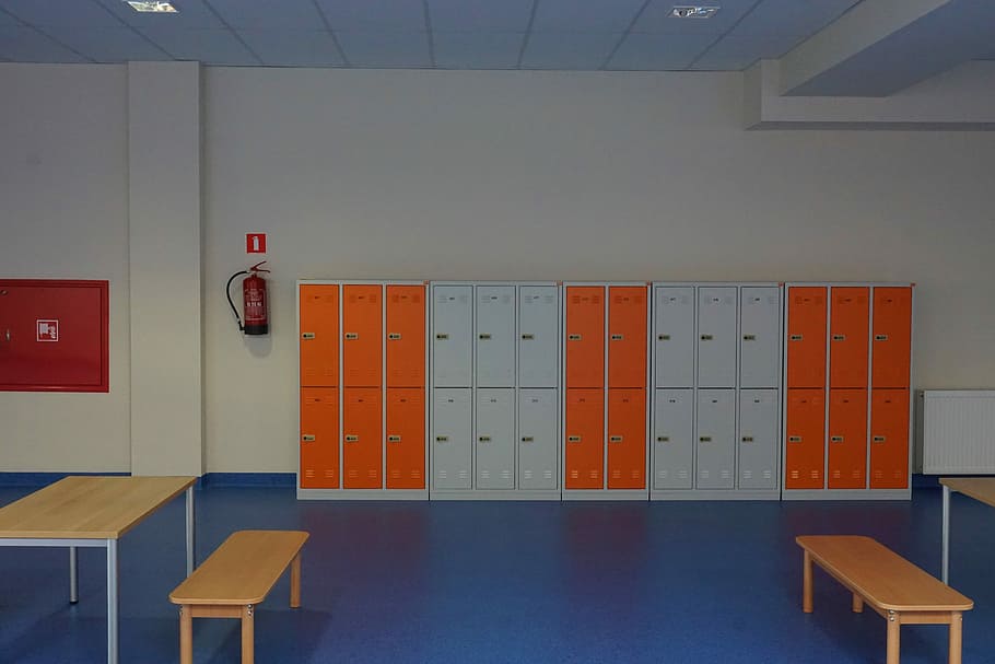 Cabinets, School, Corridor, indoors, no people, locker room, HD wallpaper