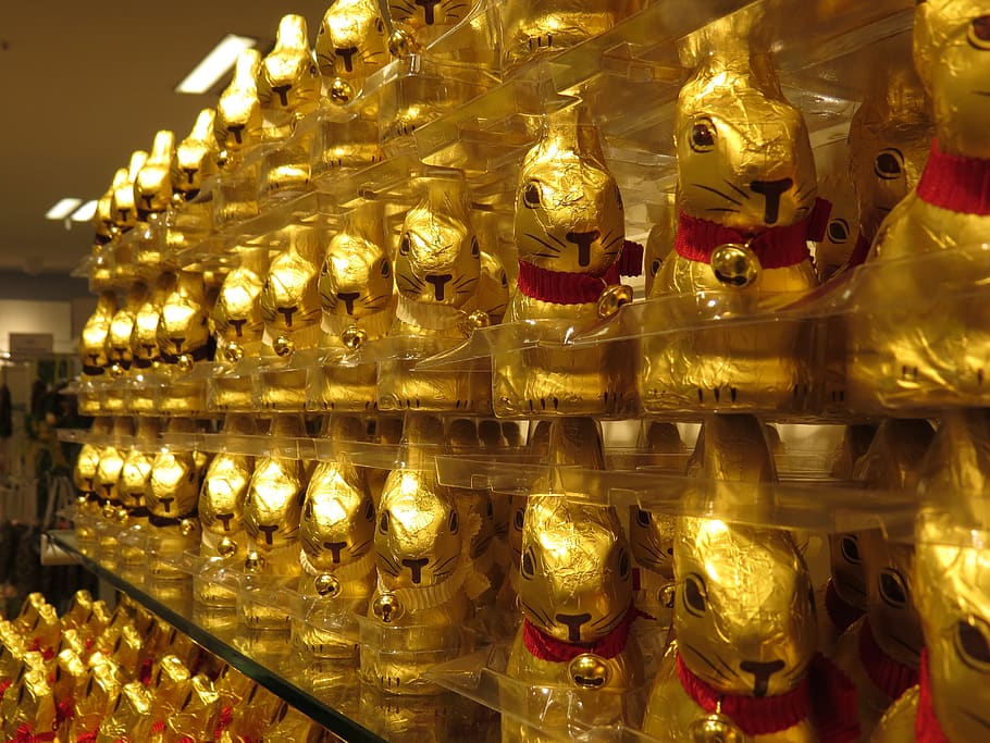 chocolate, hare, easter, figure, candy, easter bunny, gold HD wallpaper