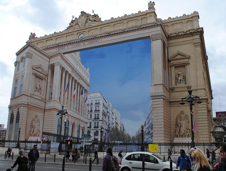 optical deception, marseille, stock exchange, building, painting, HD wallpaper