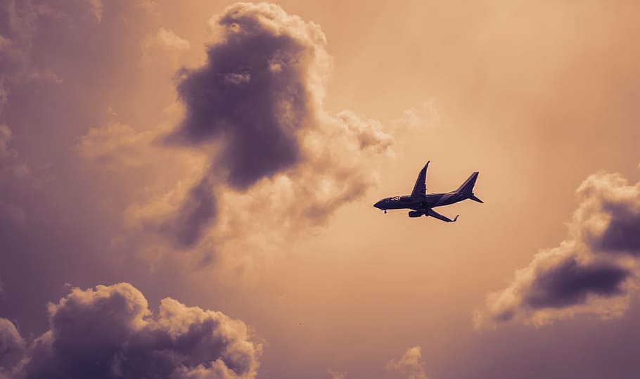 silhouette of a plane flying above the sky, airplane, clouds HD wallpaper