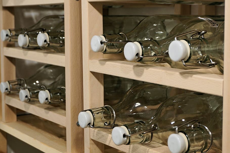 Bottles, Shelf, Empty, Storage, selection, closure, bottle rack HD wallpaper