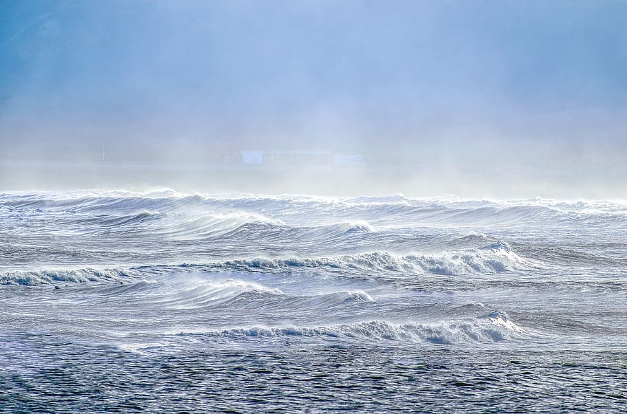 ocean waves under blue sky, surf, spray, sea, outdoor, adventure HD wallpaper