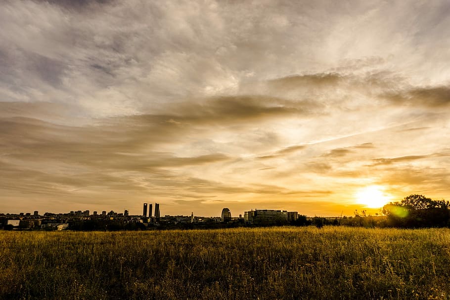 sunset, nature, panoramic, landscape, agriculture, madrid, spain HD wallpaper