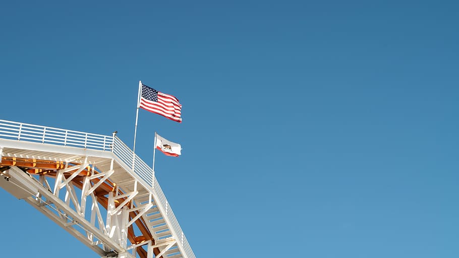 USA flag mounted on white metal railing, sky, space, blue, american HD wallpaper