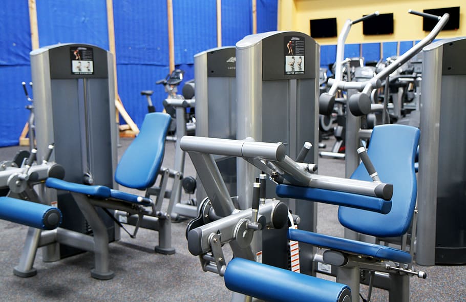 blue-and-gray exercise equipment lot, gym room, fitness, sport