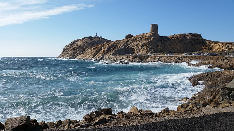 Genoese Tower, Ile Rousse, Port, Waves, sea, corsican, nature, HD wallpaper