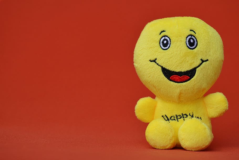 yellow emoji plush toy, smiley, laugh, funny, emoticon, emotion, HD wallpaper
