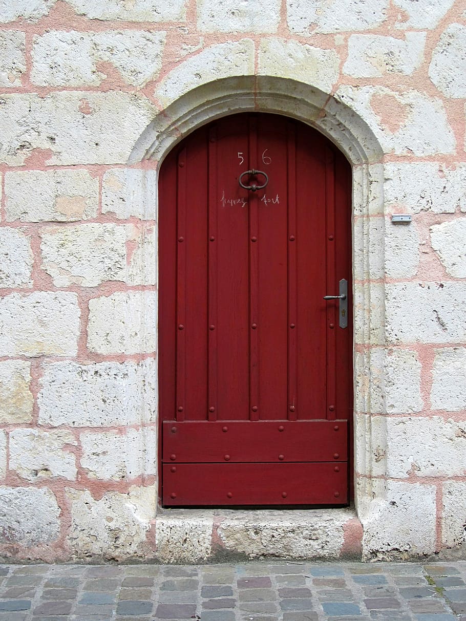 Entrance, Door, Chartres, Mediaeval, red, wood, doorway, closed, HD wallpaper