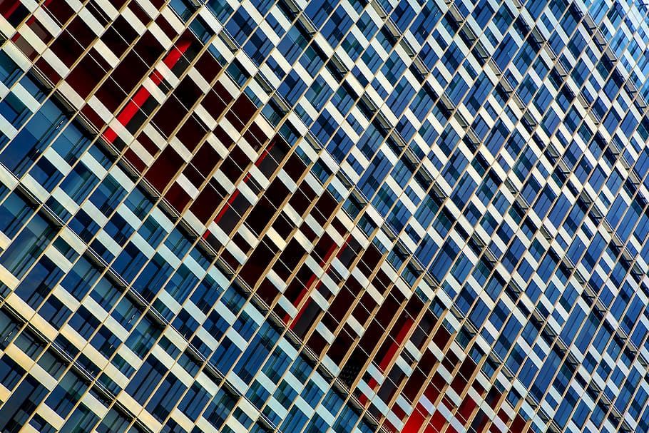 brown glass skyscraper at daytime, illusion photography of white, blue, and red surface HD wallpaper