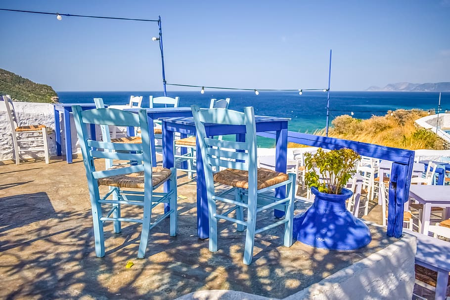 blue wooden table and chairs, greece, skopelos, island, greek