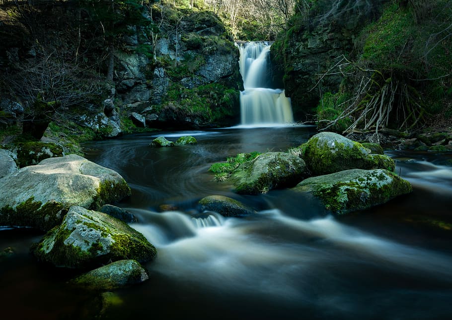 Scottish Glen, water falls, river, landscape, waterfall, rocks HD wallpaper