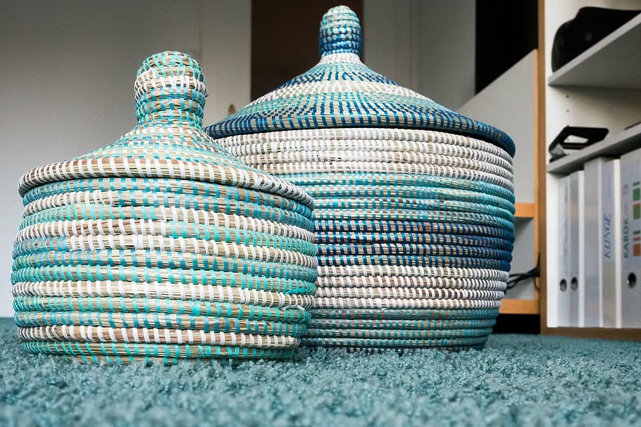 teal and white knitted vases, basket, raffia basket, turquoise HD wallpaper