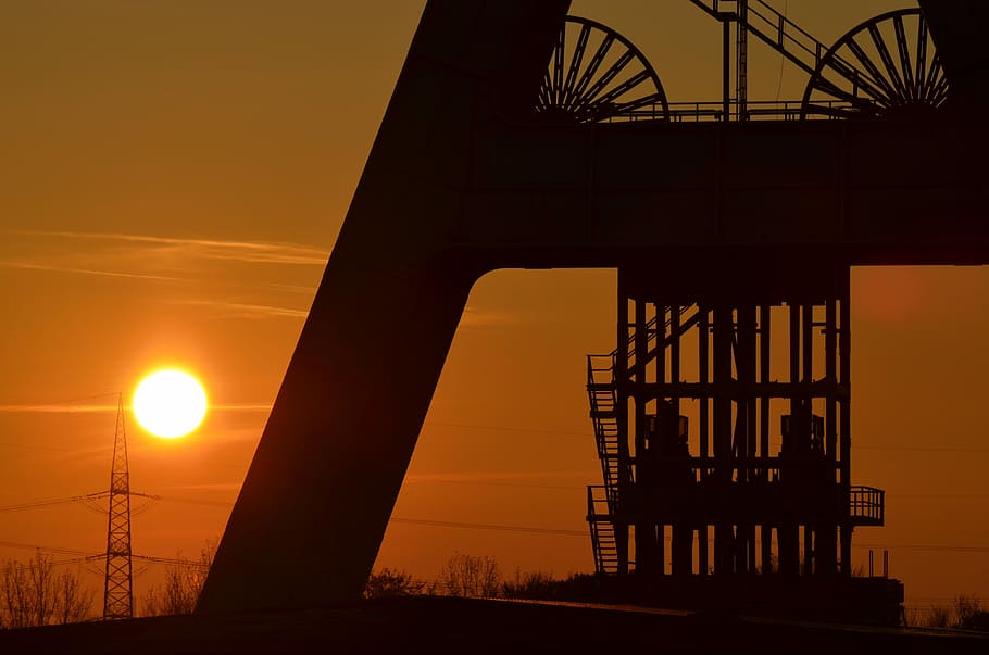 sunset, dusk, sky, silhouette, headframe, bill, mining, industry HD wallpaper