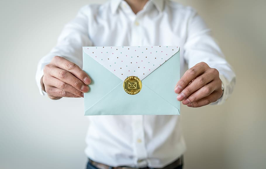 Happy mail card, person holding teal and white envelop, envelope HD wallpaper