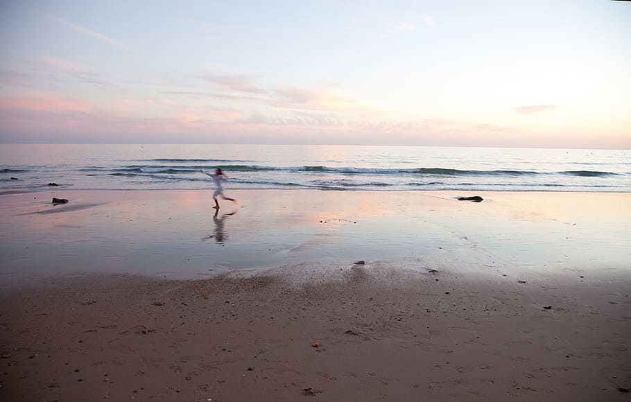 serenity, joy, beach, sunset, andalusia, light, jump, sea, land HD wallpaper