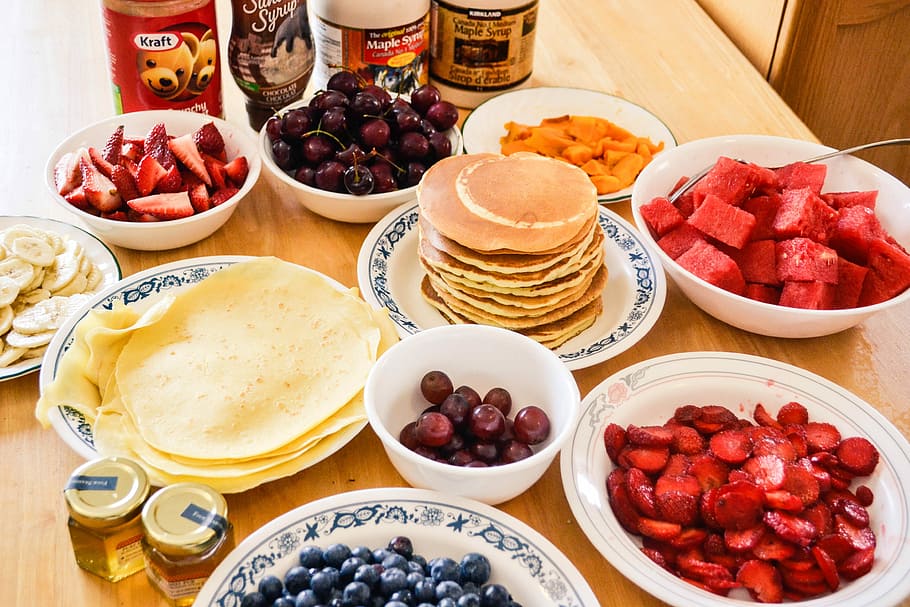 white dinnerware set, assorted fruits on bowls, breakfast, pancakes HD wallpaper