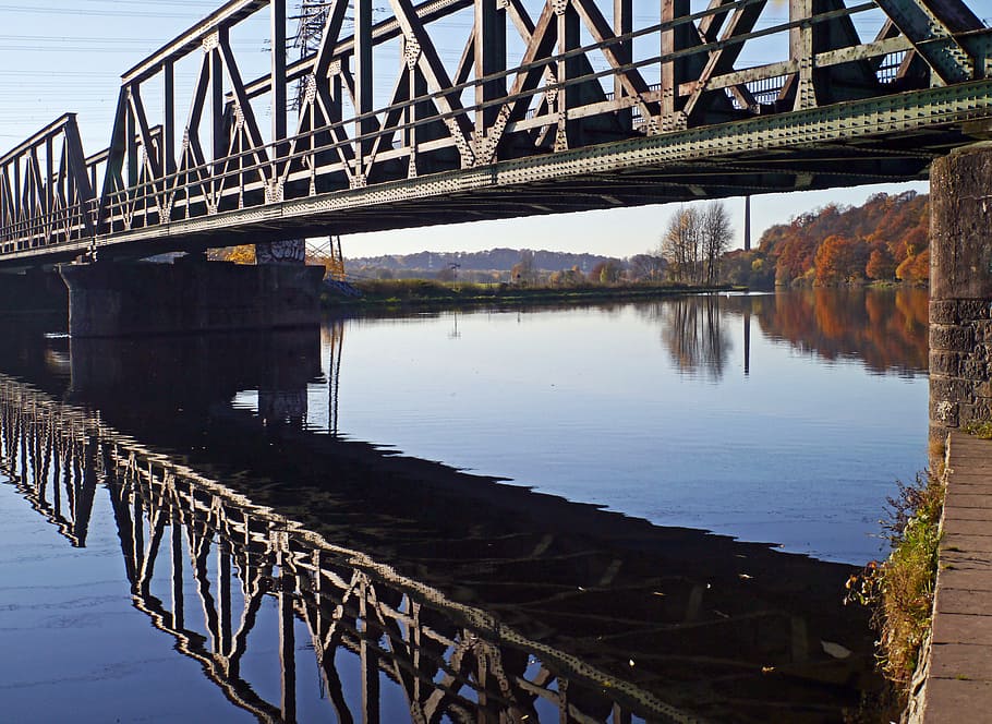 ruhr, ruhr valley, river landscape, railway bridge, mirroring