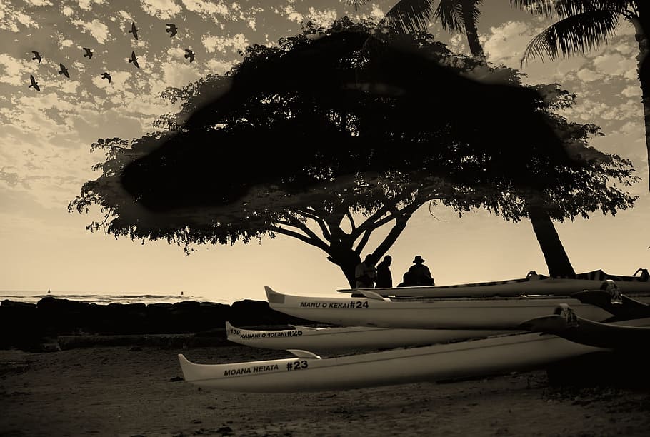 hawaii, sunset, dusk, sky, clouds, silhouettes, boats, beach HD wallpaper