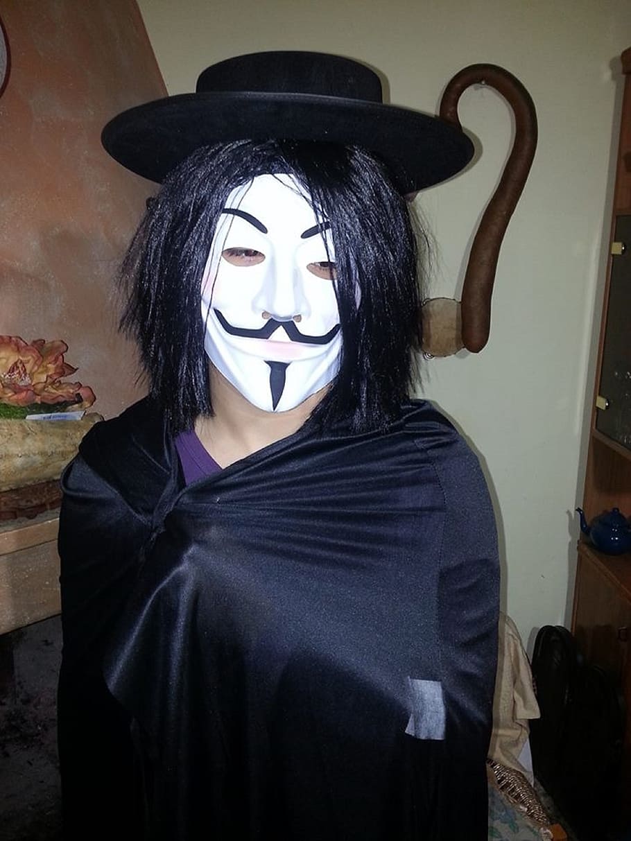 v, anonymous, revenge, costume, one person, real people, indoors HD wallpaper